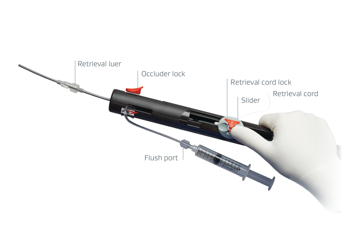 Hand holding a GORE CARDIOFORM ASD Occluder with product features called out