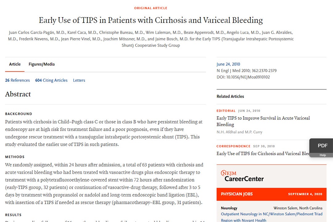 Early Use of TIPS in Patients with Cirrhosis and Variceal Bleeding