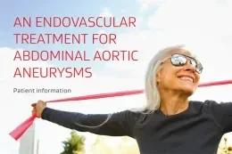 Woman holding a red band. Text reads: An Endovascular Treatment for Abdominal Aortic Aneurysms. Patient Information