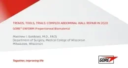 Title slide of Video, with play button, on ENFORM device that reads: Trends, tools, trials: complex abdominal wall repair in 2020