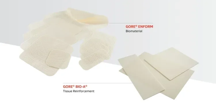 Two medical device products: multiple sizes of 'GORE ENFORM Biomaterial' and a single size of 'GORE BIO-A Tissue Reinforcement' in the lower right corner.