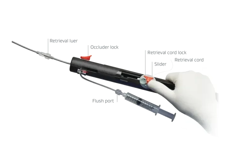 Hand holding a GORE CARDIOFORM ASD Occluder with product features called out.