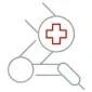 Vector icon of a robotic arm with a red cross.